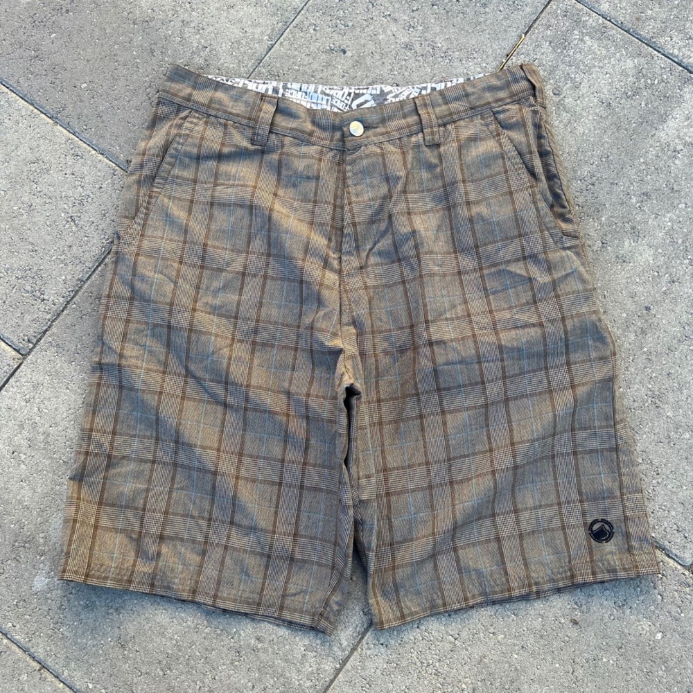 Liquid Force Mens Brown Plaid Board Shorts Size 33 Cargo Pockets Casual